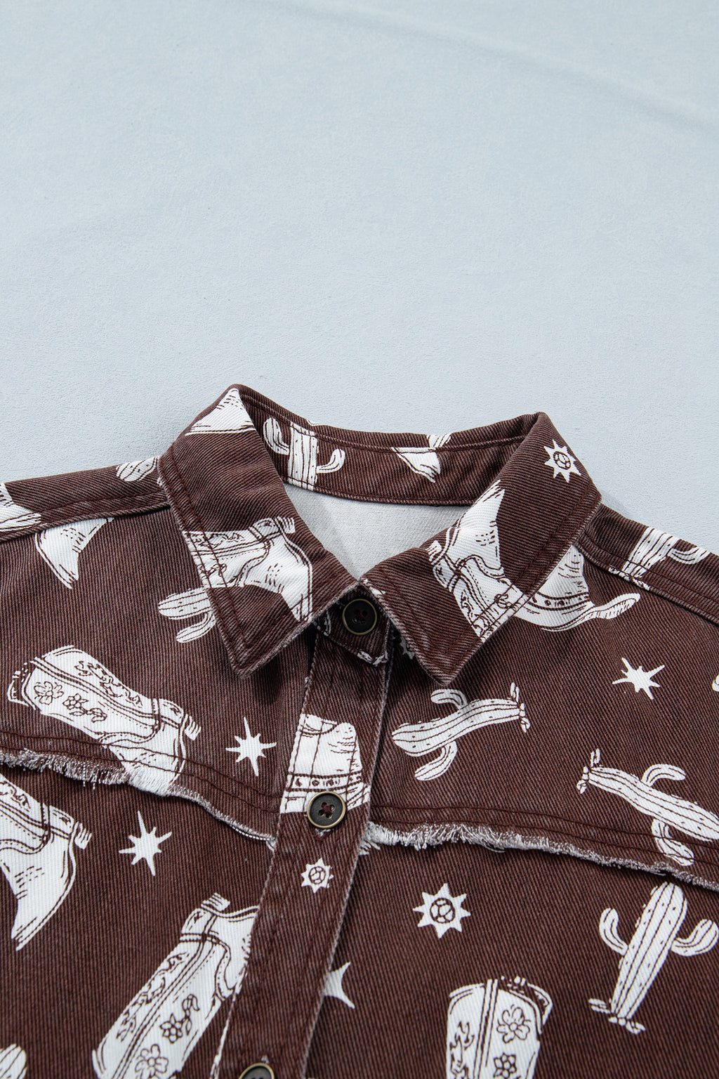 Brown Cowgirl Hats Boots Cactus Print Raw Edge Button Down Short Denim Dress