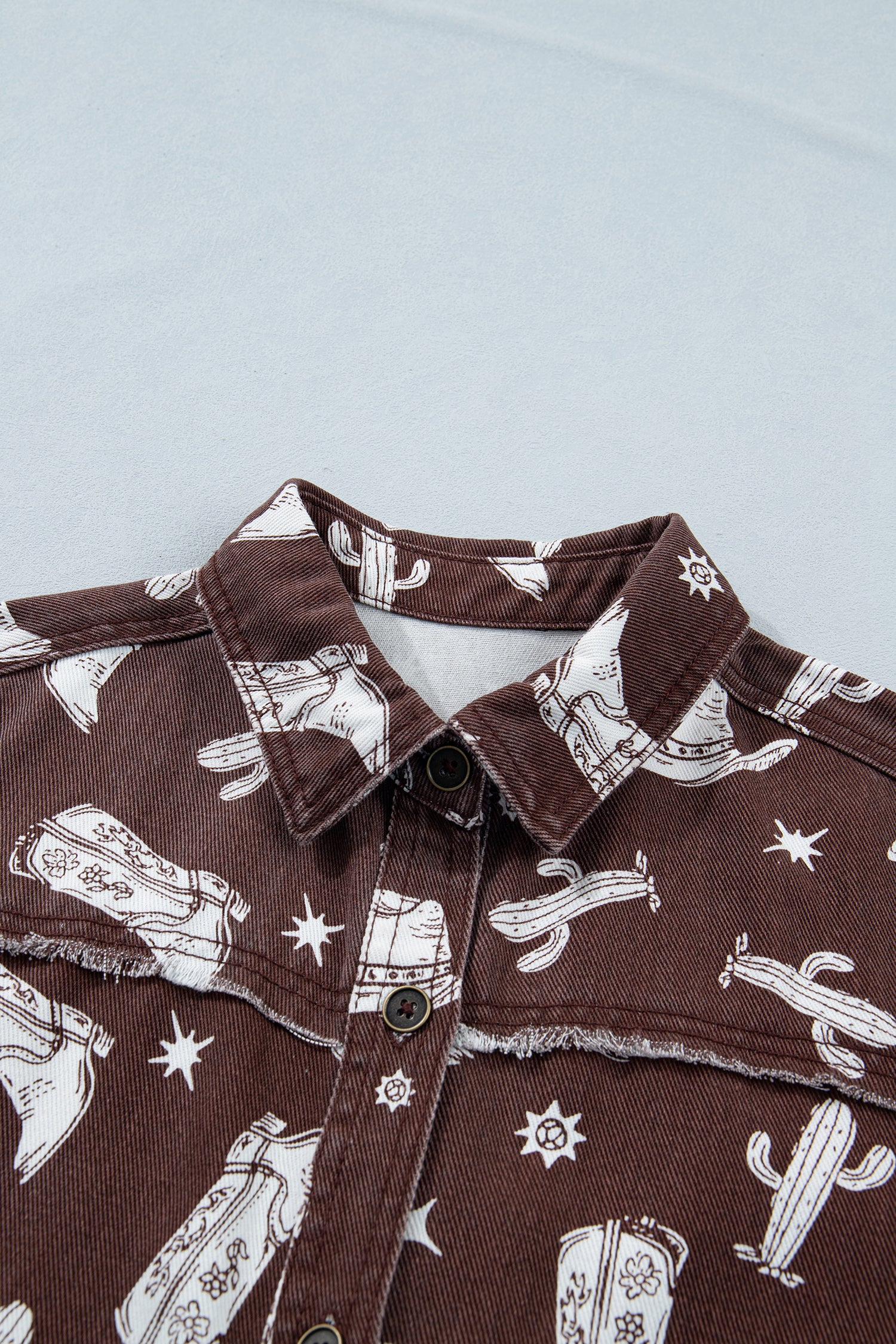 Brown Cowgirl Hats Boots Cactus Print Raw Edge Button Down Short Denim Dress