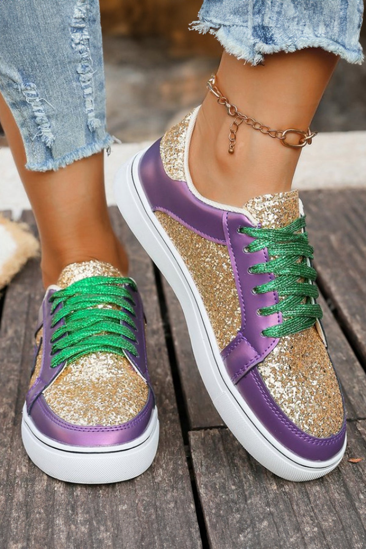Dearlove Gold Glitter Star Patchwork PU Leather Lace-up Sneakers