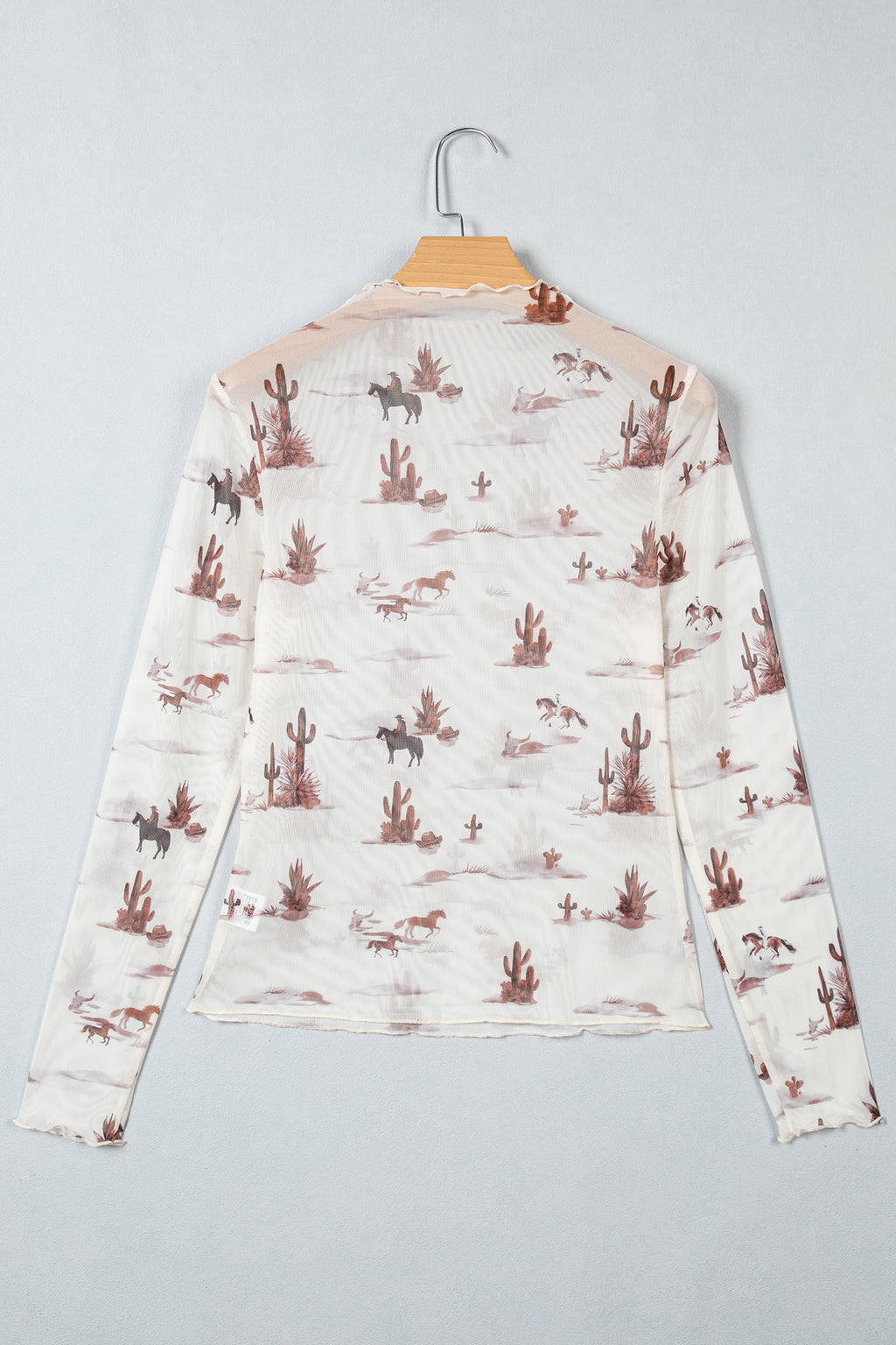 Beige Floral Print Slim Fit Mesh Long Sleeve Mock Neck Top