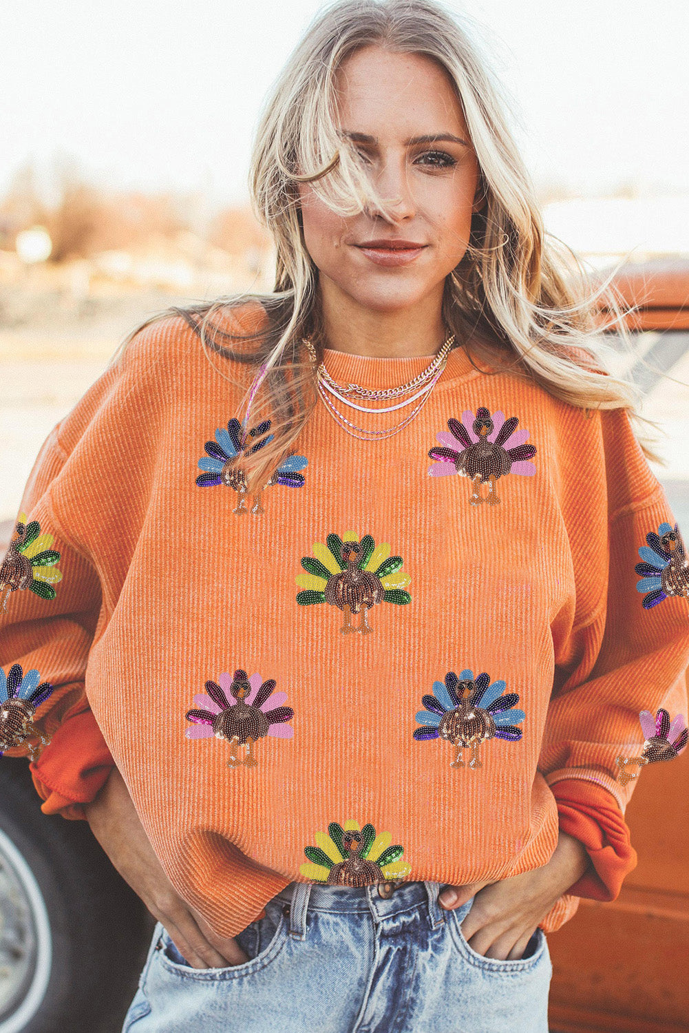 Apricot Turkey Graphic Corded Baggy Sweatshirt