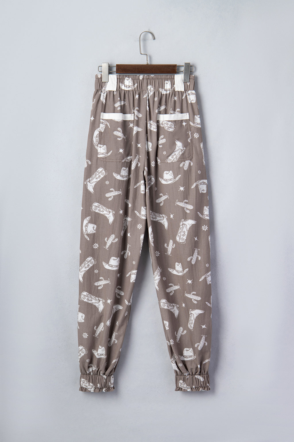 Khaki Western Cactus Cowgirl Hat Boot Printed Vintage Drawstring Jogger Pants