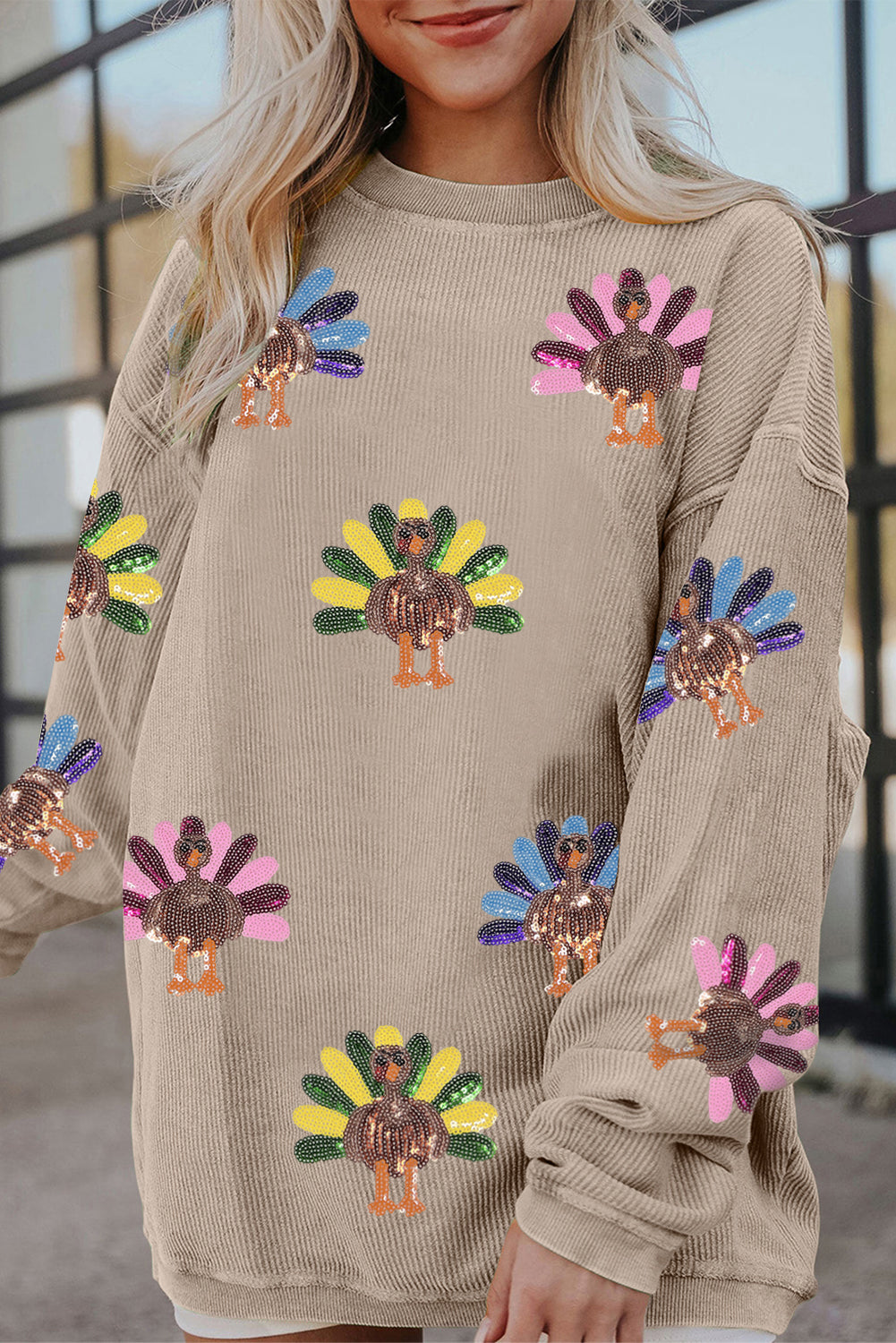 Apricot Turkey Graphic Corded Baggy Sweatshirt