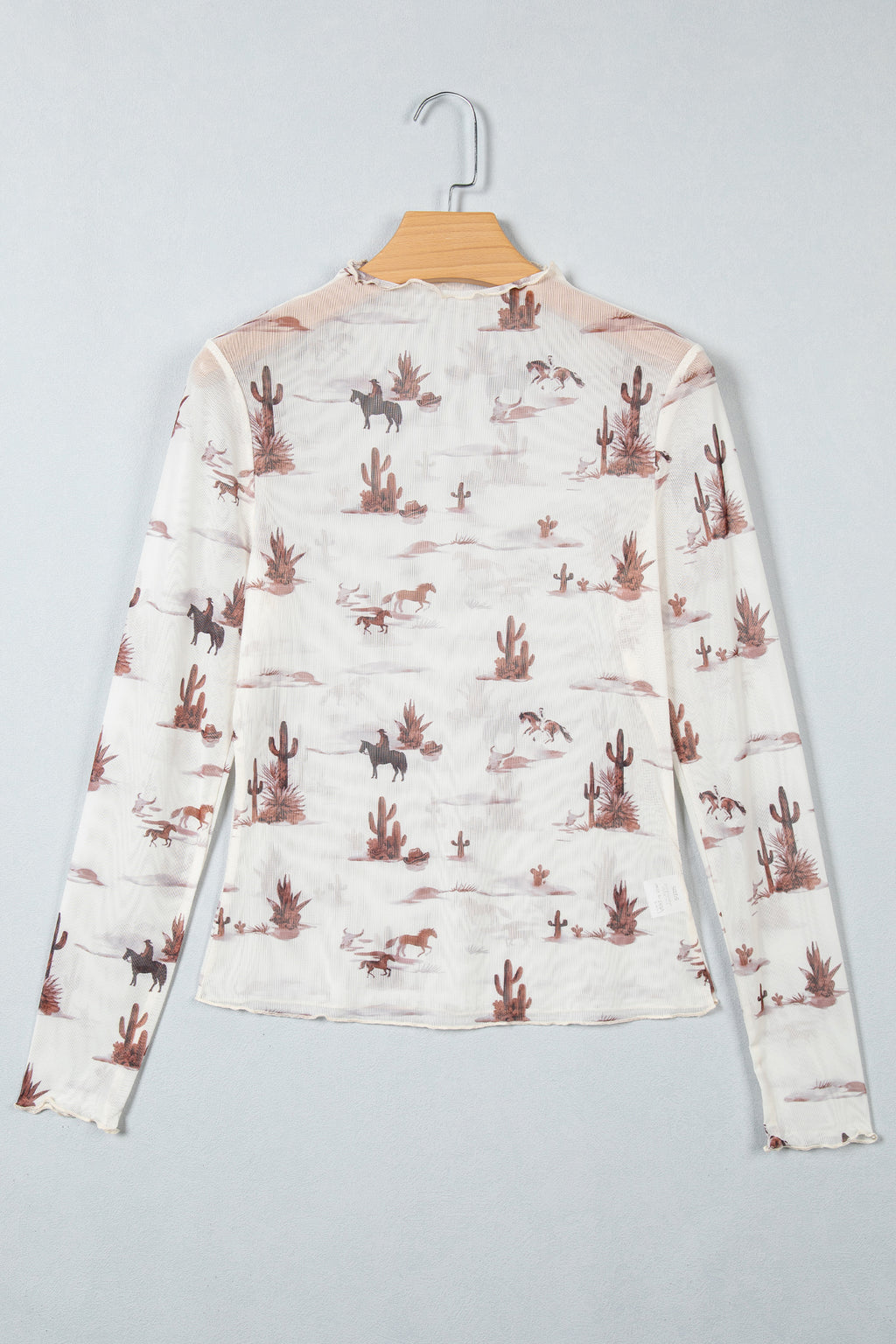 Beige Floral Print Slim Fit Mesh Long Sleeve Mock Neck Top