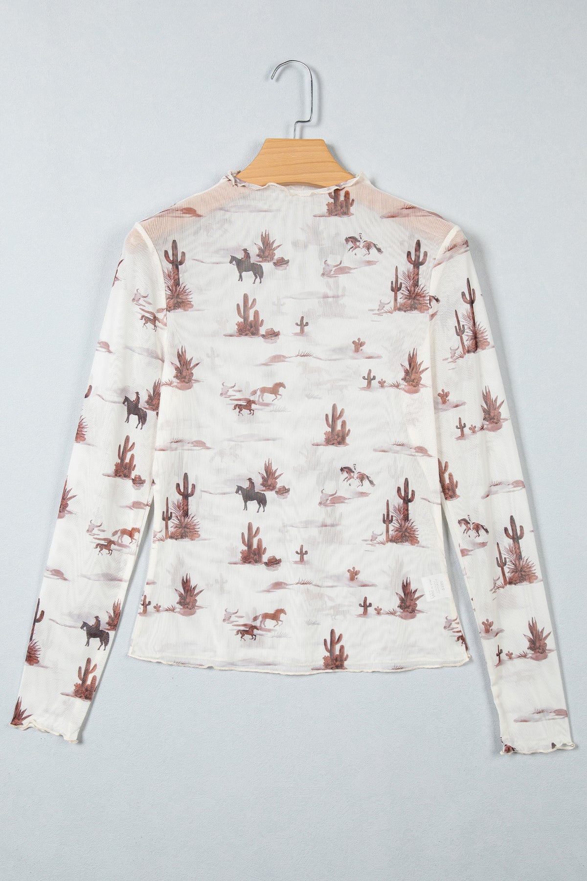 Beige Floral Print Slim Fit Mesh Long Sleeve Mock Neck Top