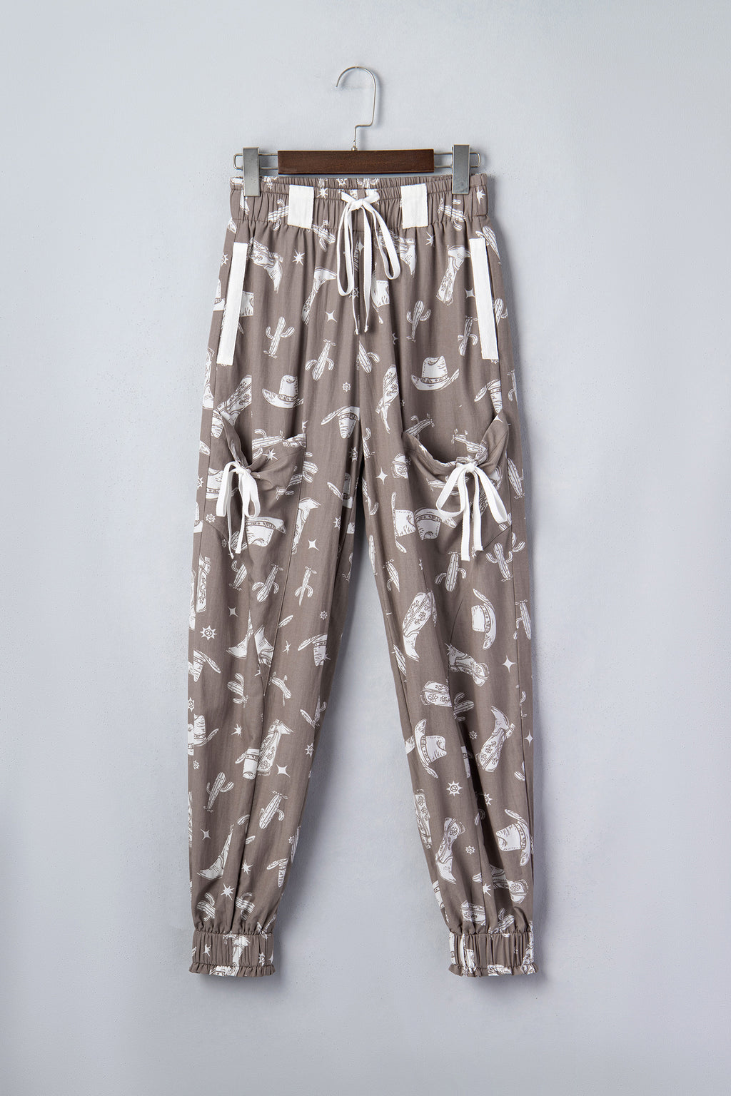 Khaki Western Cactus Cowgirl Hat Boot Printed Vintage Drawstring Jogger Pants