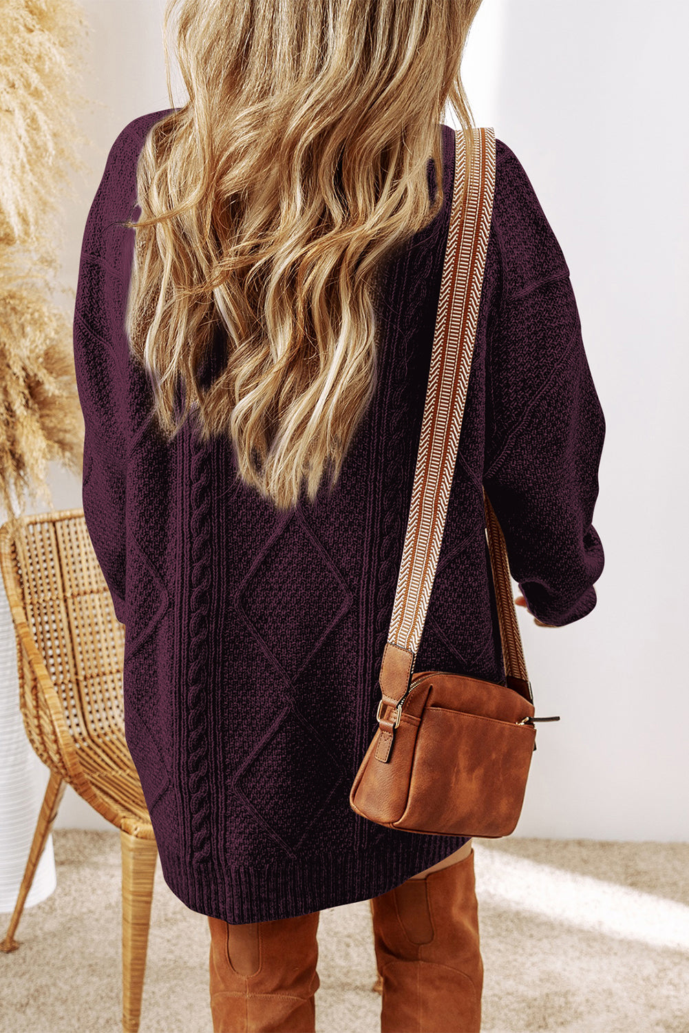 Black Cable Knit Drop Shoulder Loose Fit Sweater Dress