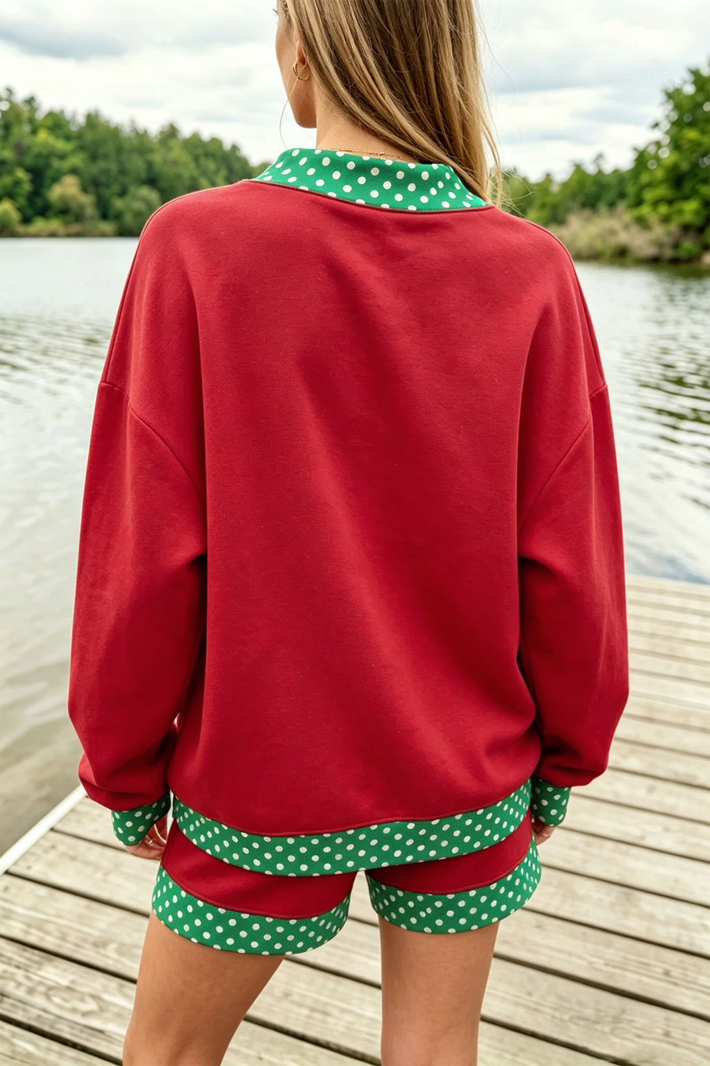 Fiery Red Gingham Trim Baggy Pullover 2pcs Short Set