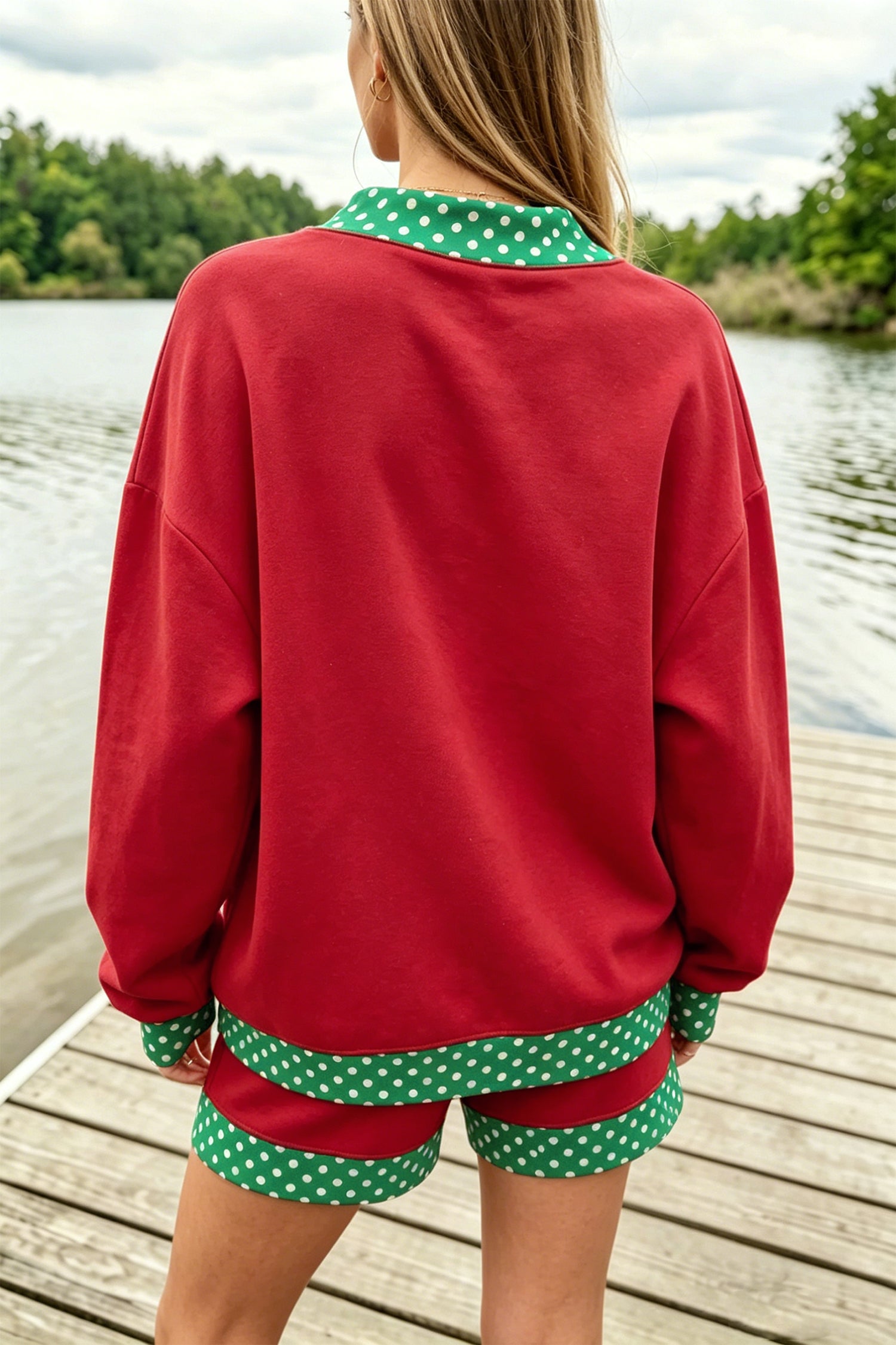 Fiery Red Gingham Trim Baggy Pullover 2pcs Short Set
