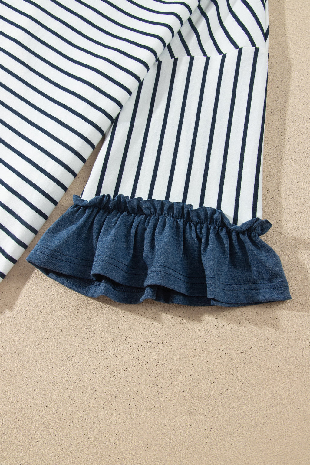 Gray Stripe V Neck Ruffle Contrast Sleeve Top Drawstring Pants 2pcs Set