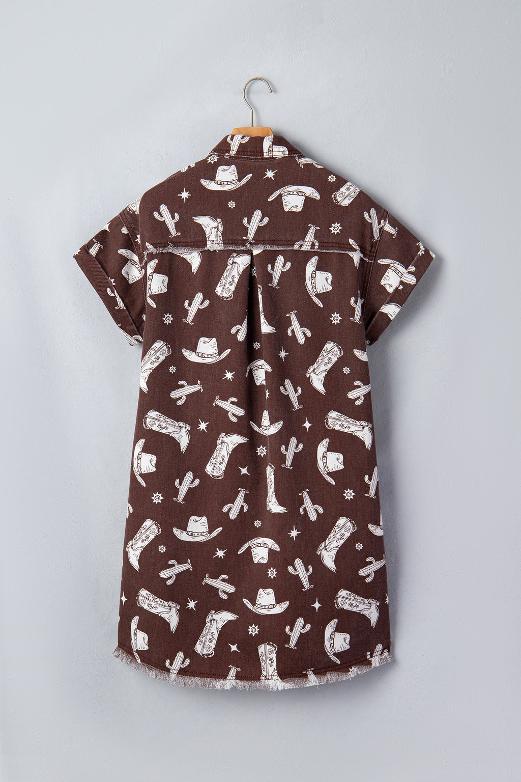 Brown Cowgirl Hats Boots Cactus Print Raw Edge Button Down Short Denim Dress