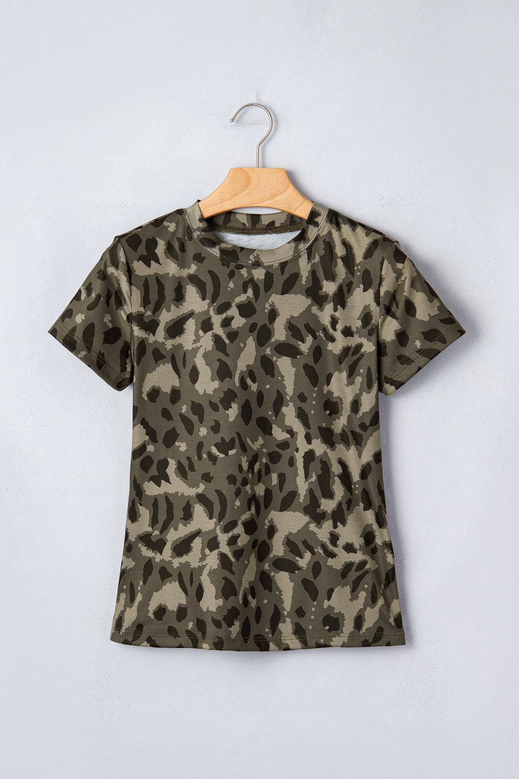 Brown Retro Leopard Print Mock Neck Slim Tee