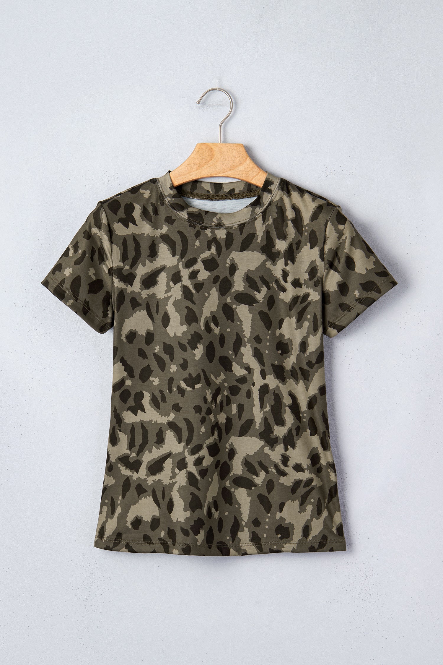Brown Retro Leopard Print Mock Neck Slim Tee