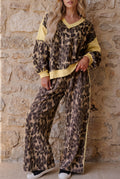 Brown Leopard Print Long Sleeve V-Neck Wide Leg Pant Set